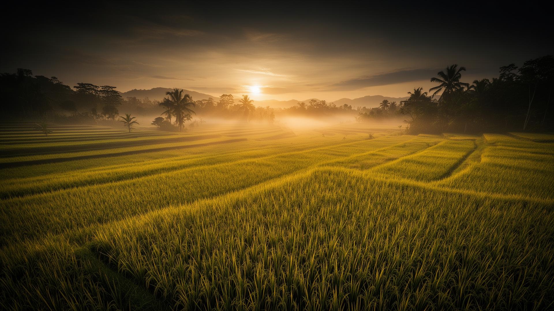 Golden rice paddy fields at sunrise